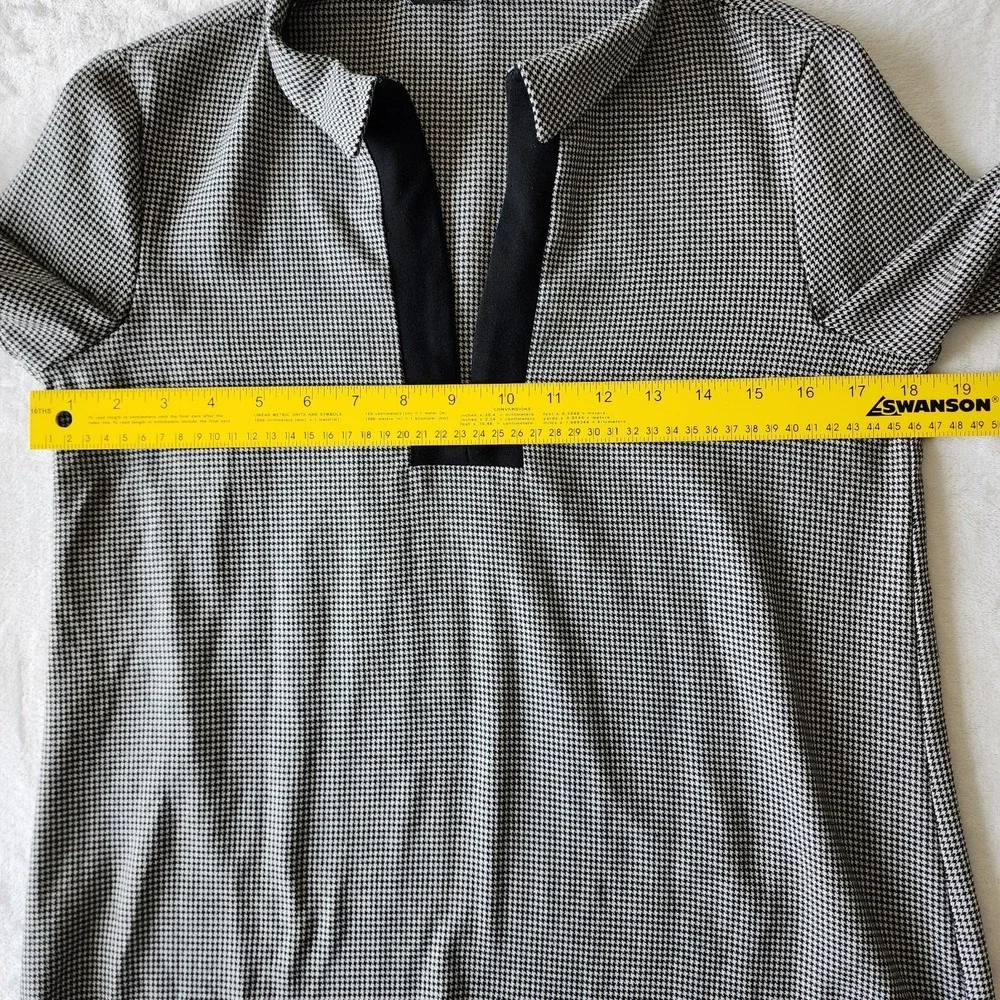 Zara Houndstooth Top Blouse Womens XS Black White Collared 1/4 Zip Preppy Office - Picture 10 of 12
